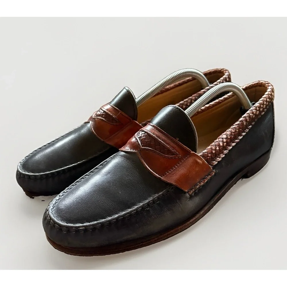 Allen Edmonds Newcastle Penny Loafers Men 10.5D Black Brown Braided Leather USA
